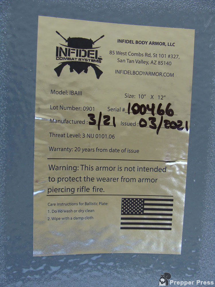 Infidel Level III+ body armor label