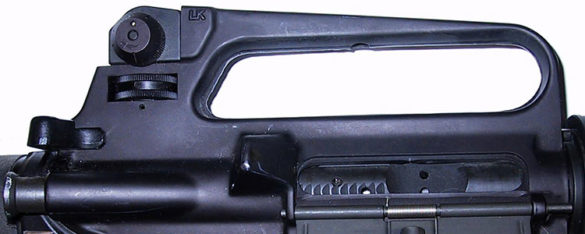 The M16A2 upper receiver with fixed carry handle, A2 rear sight, brass defl...