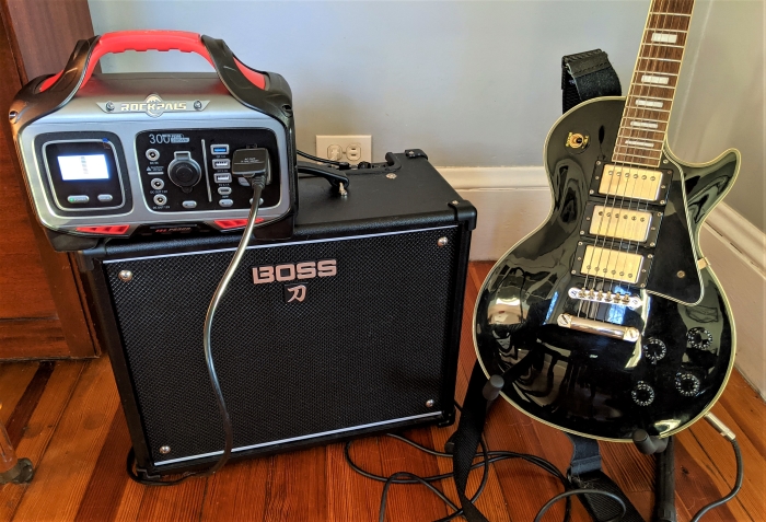 Rockpals Rockpower PS300 power station powering a Boss Katana guitar amplifier