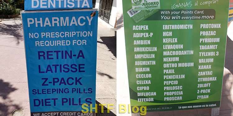 signs advertising antibiotics without a prescription in Mexico
