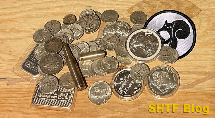 pile of silver bullet bullion, coins, and bars
